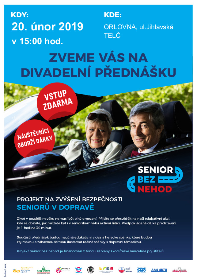 Plakát divadelní přednášky Senior bez nehod